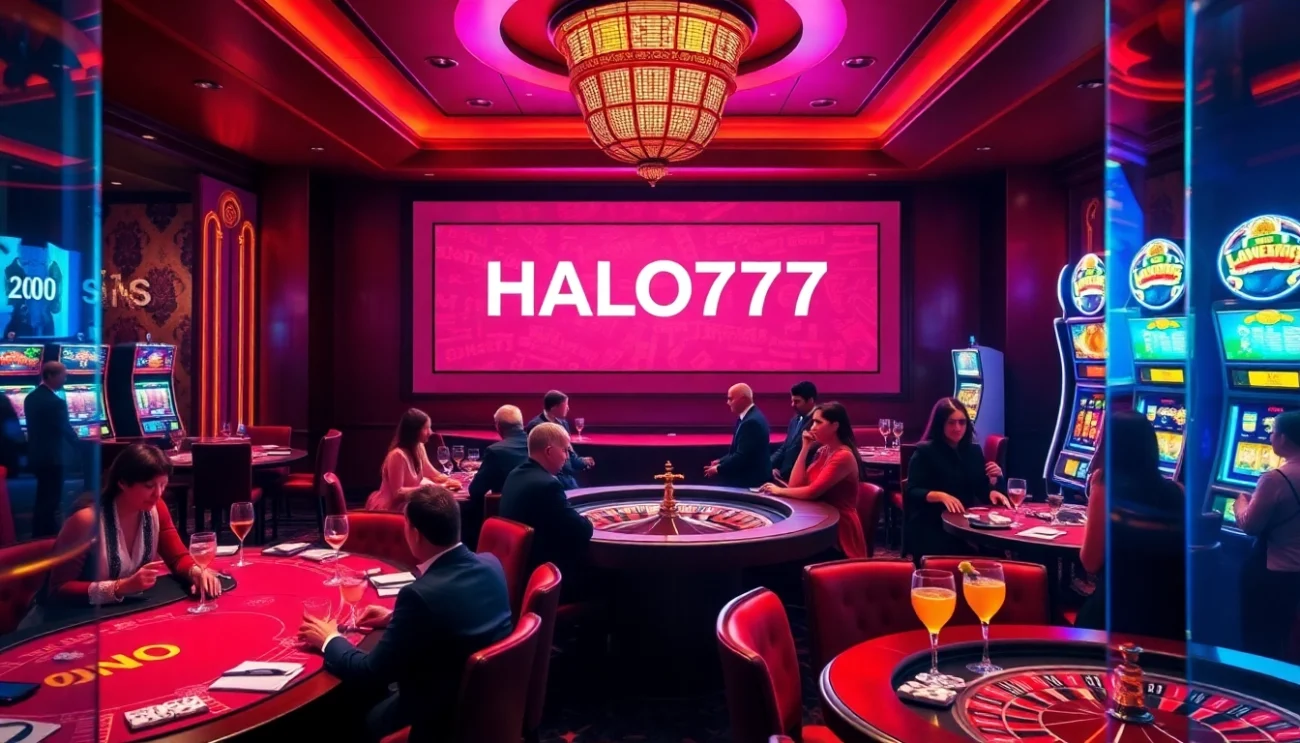 Experience HALO777 in an elegant casino atmosphere with players engaging in exciting games like poker and slots.