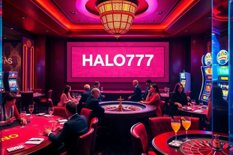 Experience HALO777 in an elegant casino atmosphere with players engaging in exciting games like poker and slots.